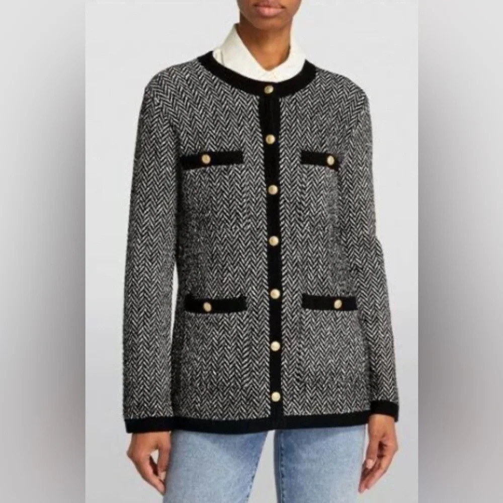 ME+EM Black & White Herringbone Cardigan Jacket Gold Buttons M